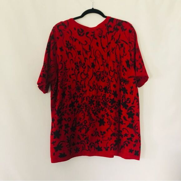 Knit Short sleeve cardigan,l 2X Snap Button Round Neck Floral Red Black Plus - Picture 4 of 11
